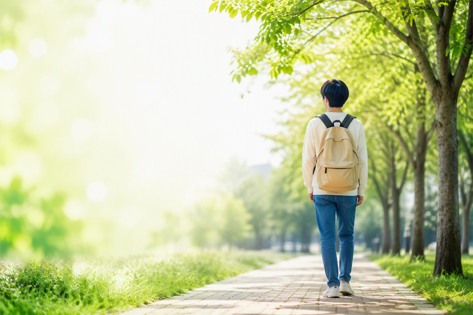 緑の木々を背景にした若者の後ろ姿